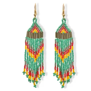 Turquoise, Coral, and Yellow Bohemian Seed Bead Long Tassel Earrings #SH-ER-1201