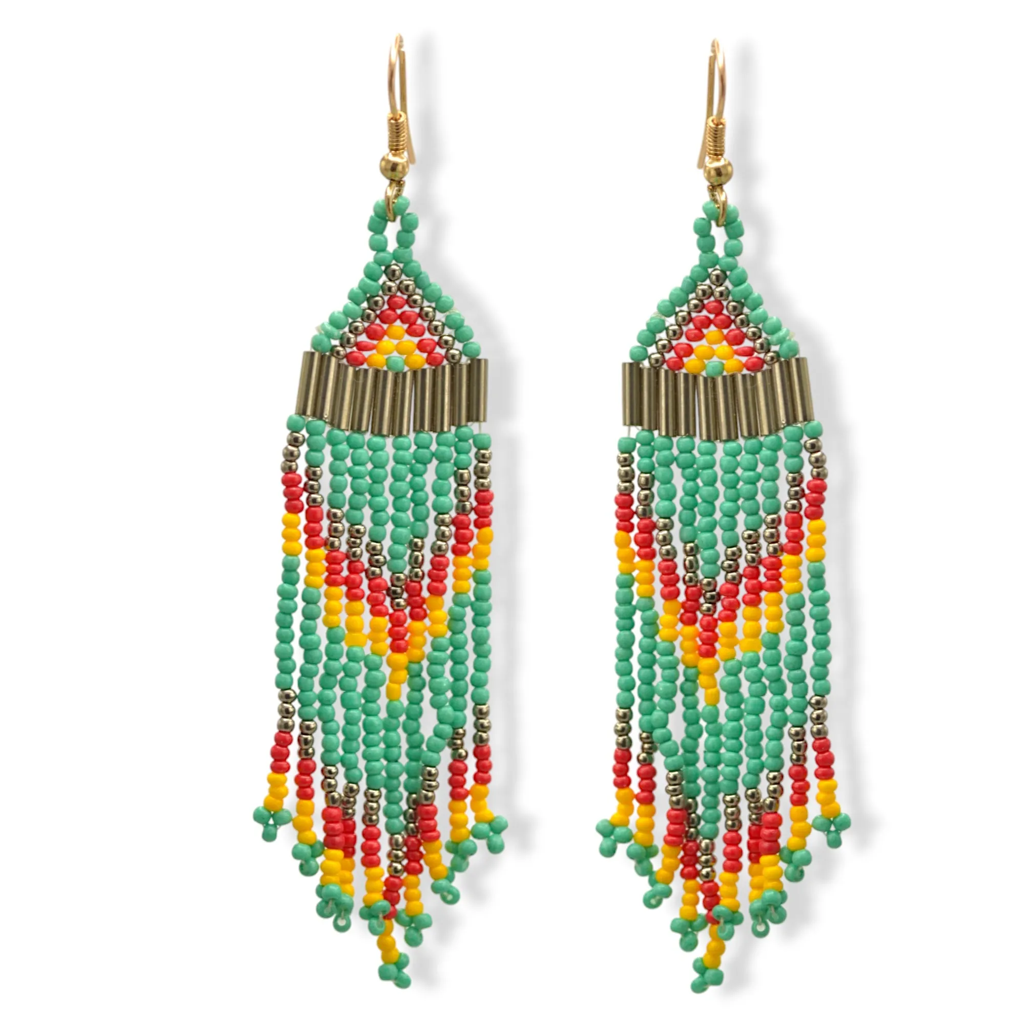 Turquoise, Coral, and Yellow Bohemian Seed Bead Long Tassel Earrings #SH-ER-1201