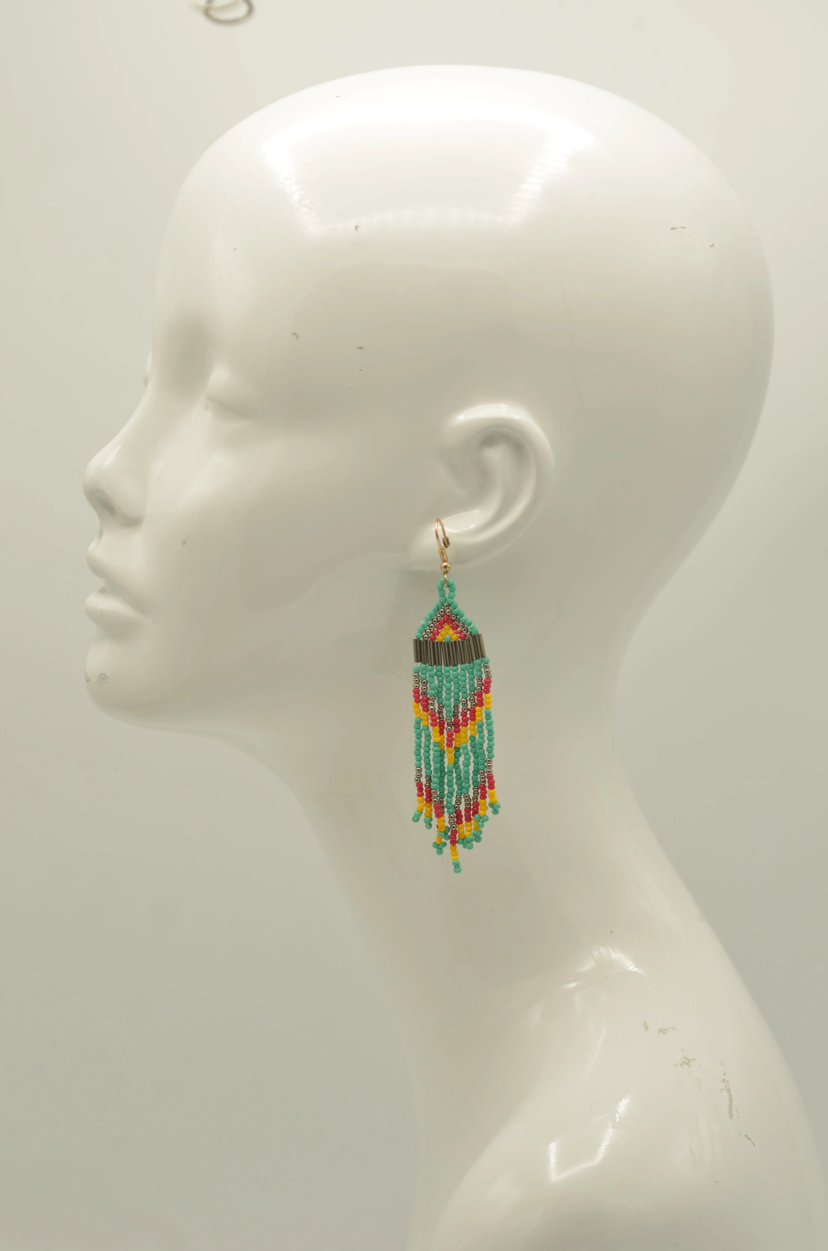 Turquoise, Coral, and Yellow Bohemian Seed Bead Long Tassel Earrings #SH-ER-1201