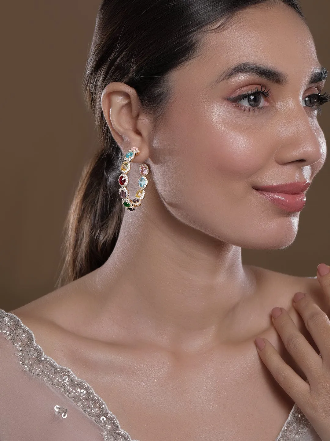 Voguish 22K Gold-Plated Multicolor AD & Cubic Zirconia Studded Premium Half Hoop Earrings