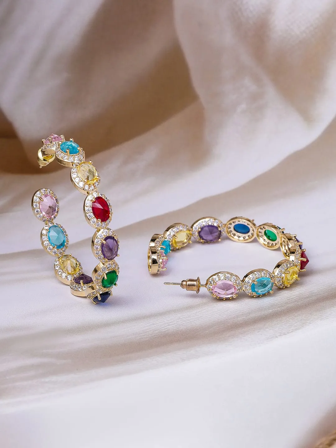 Voguish 22K Gold-Plated Multicolor AD & Cubic Zirconia Studded Premium Half Hoop Earrings