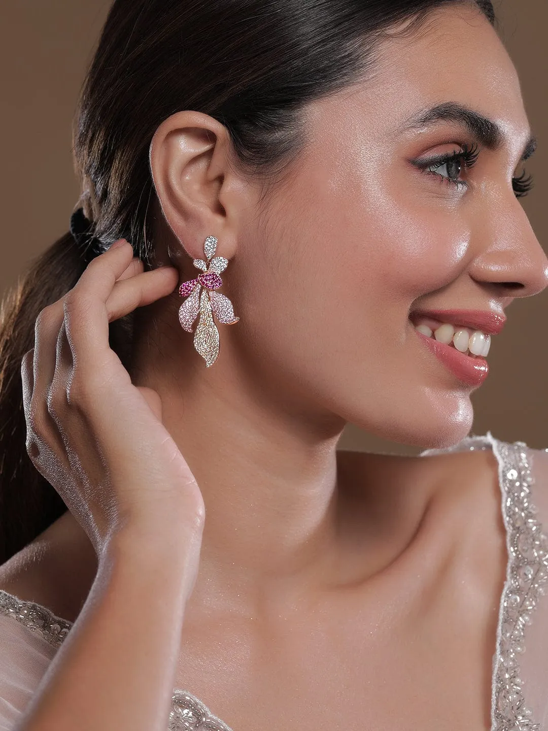 Voguish 22K Rose Gold-Plated Light Pink, Magenta & Pale Green AD & CZ Studded Drop Earrings