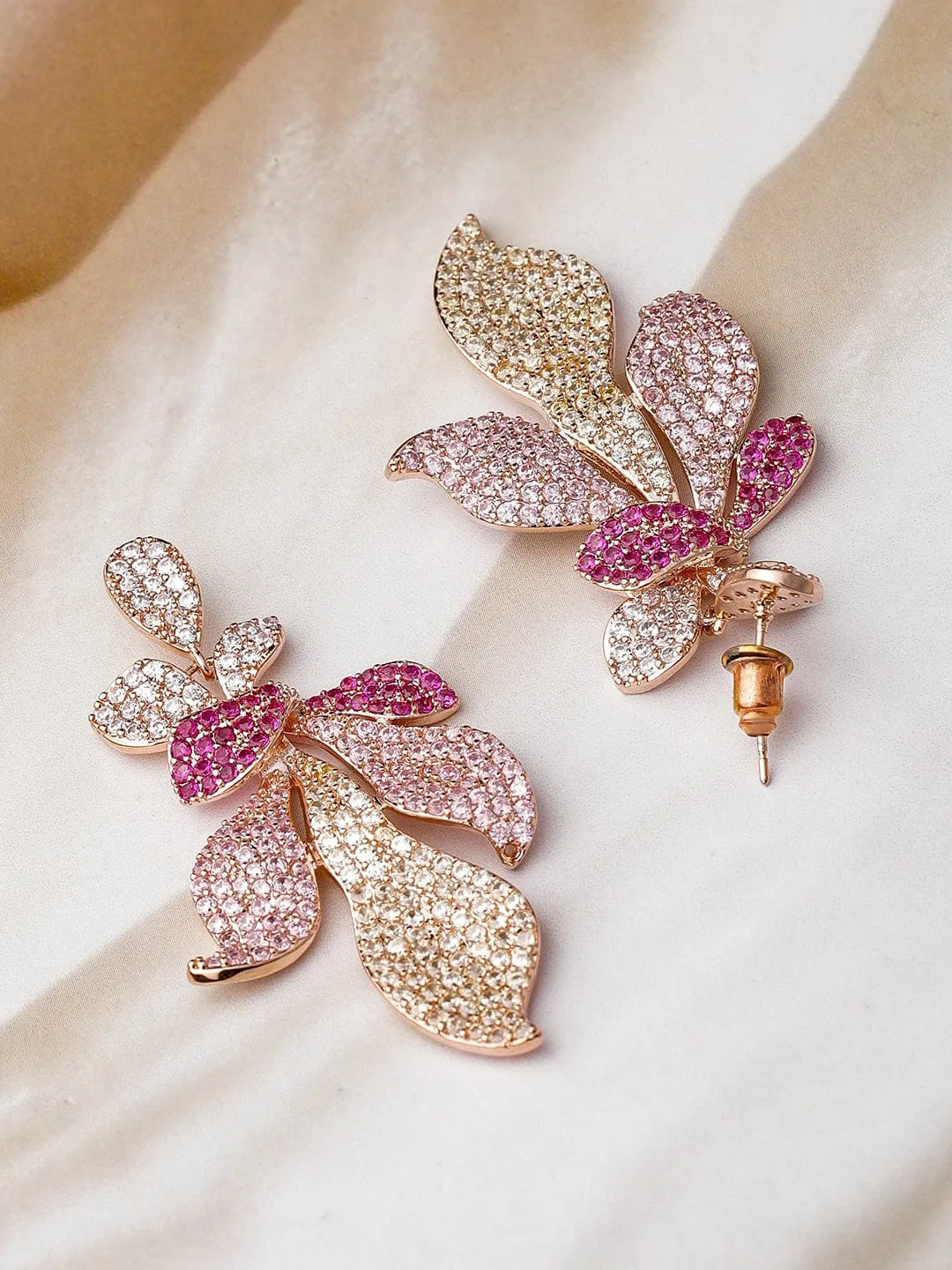 Voguish 22K Rose Gold-Plated Light Pink, Magenta & Pale Green AD & CZ Studded Drop Earrings
