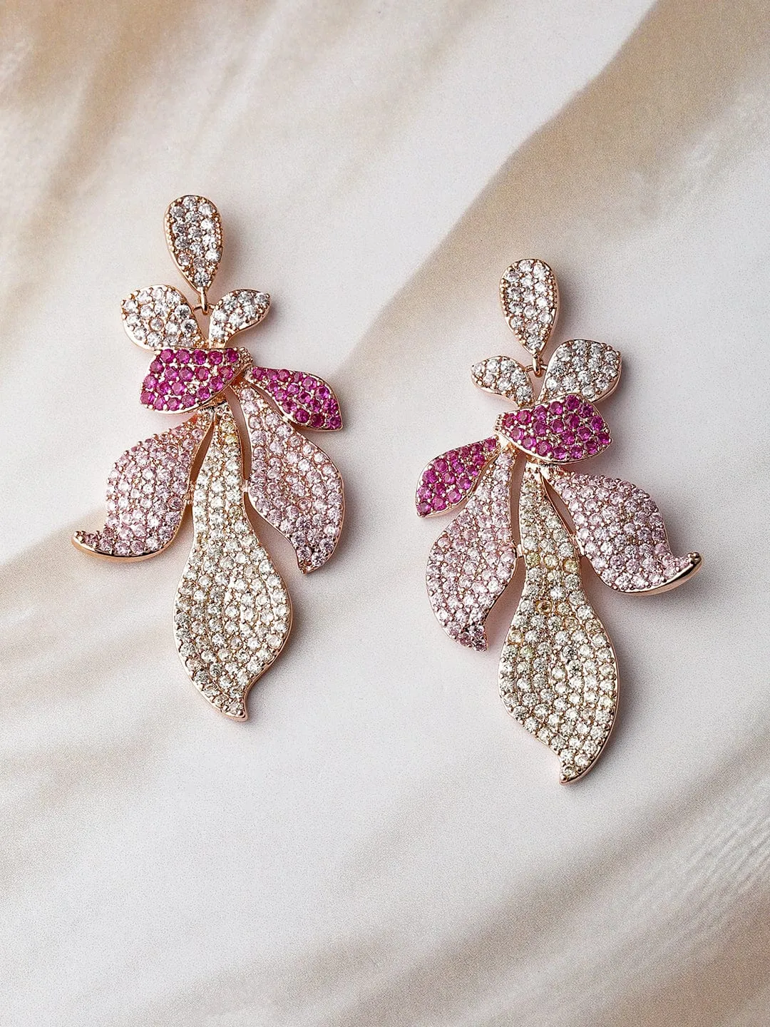Voguish 22K Rose Gold-Plated Light Pink, Magenta & Pale Green AD & CZ Studded Drop Earrings