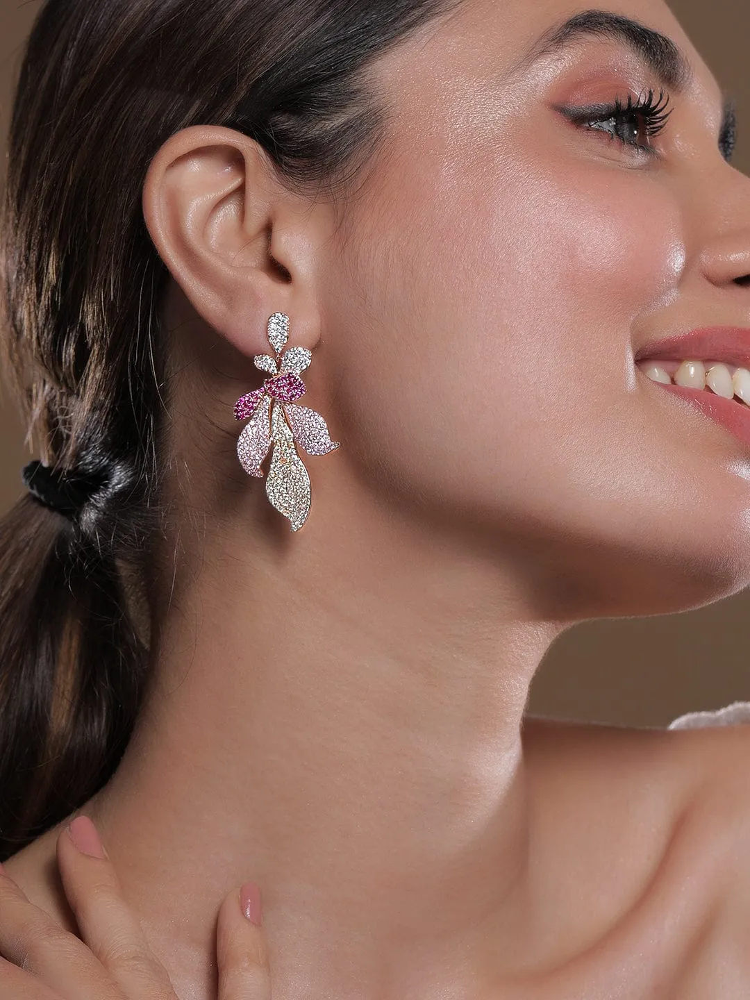 Voguish 22K Rose Gold-Plated Light Pink, Magenta & Pale Green AD & CZ Studded Drop Earrings