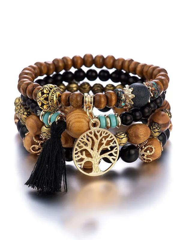 Wenkouban-Black Friday Christmas Thanksgiving Bohemia Multi-Layer Wood Beads Handmade Tassels Bracelet