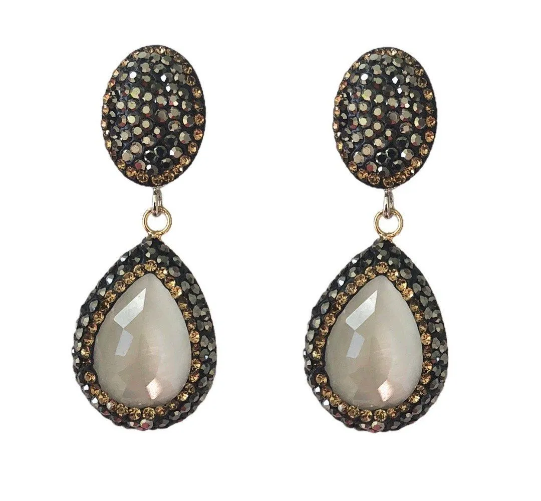 White Catseye Teardrop and Pave Earrings