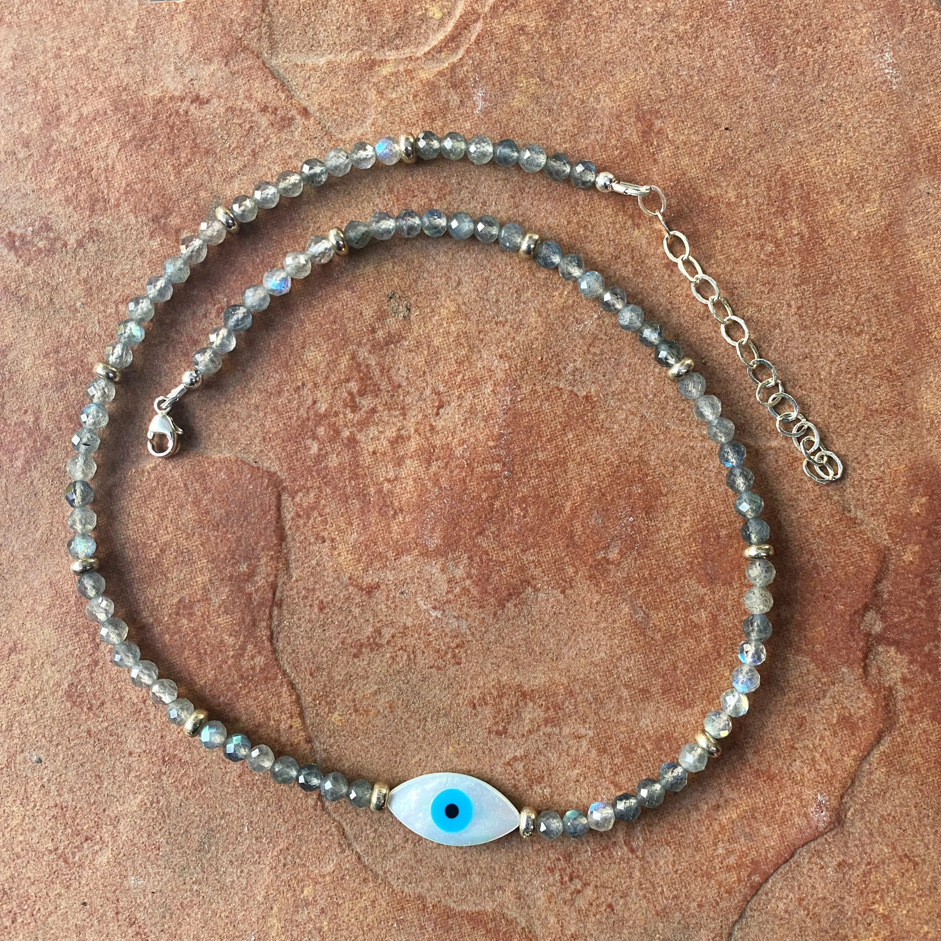 Women's Mother of Pearl Evil Eye Choker with Labradorite Gemstones & Sterling Silver