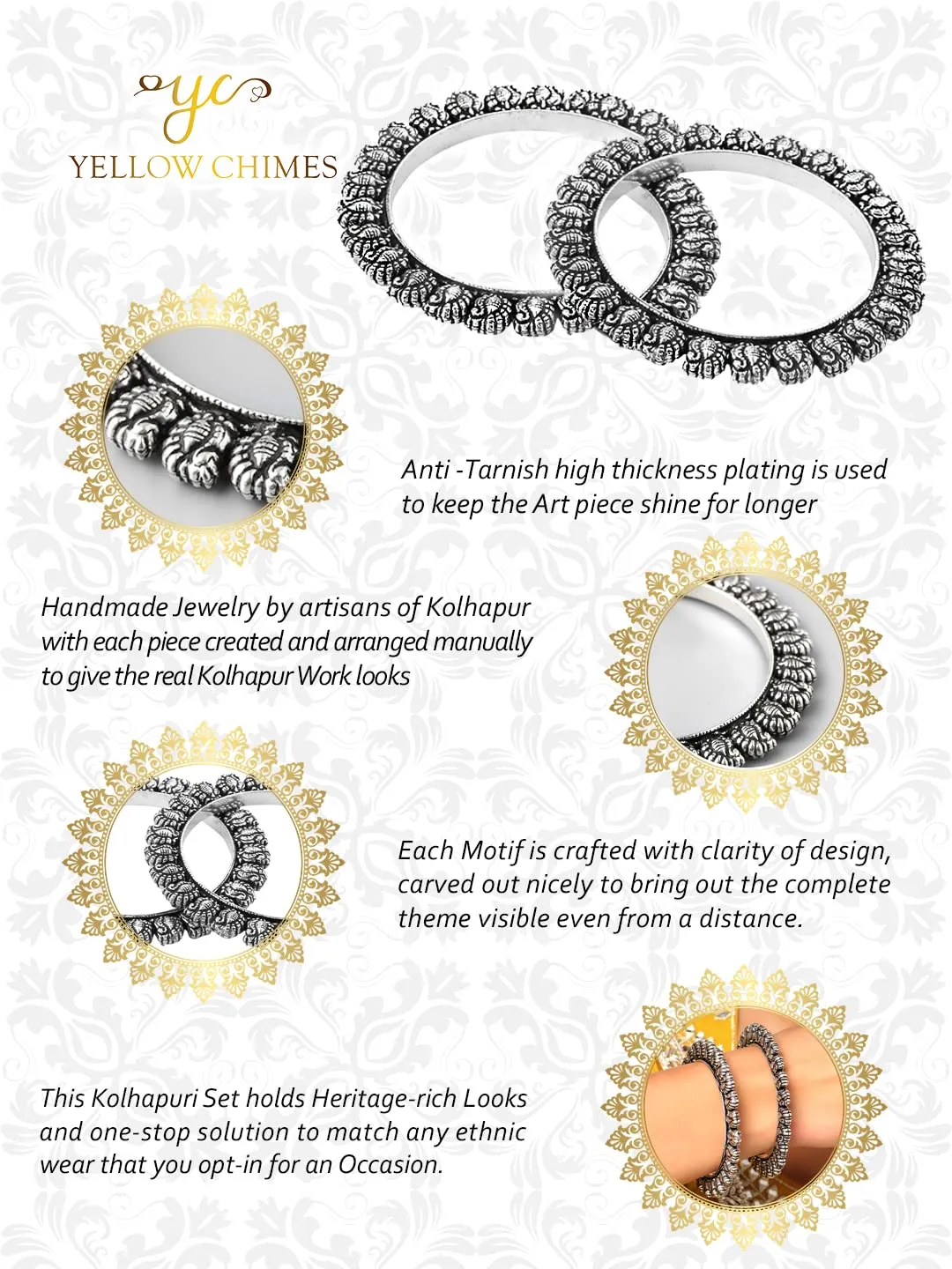 Yellow Chimes Oxidised Bangles Set for Women Authentic Kolhapuri Work Handmade Silver Oxidized Bangles Sets for Women and Girls