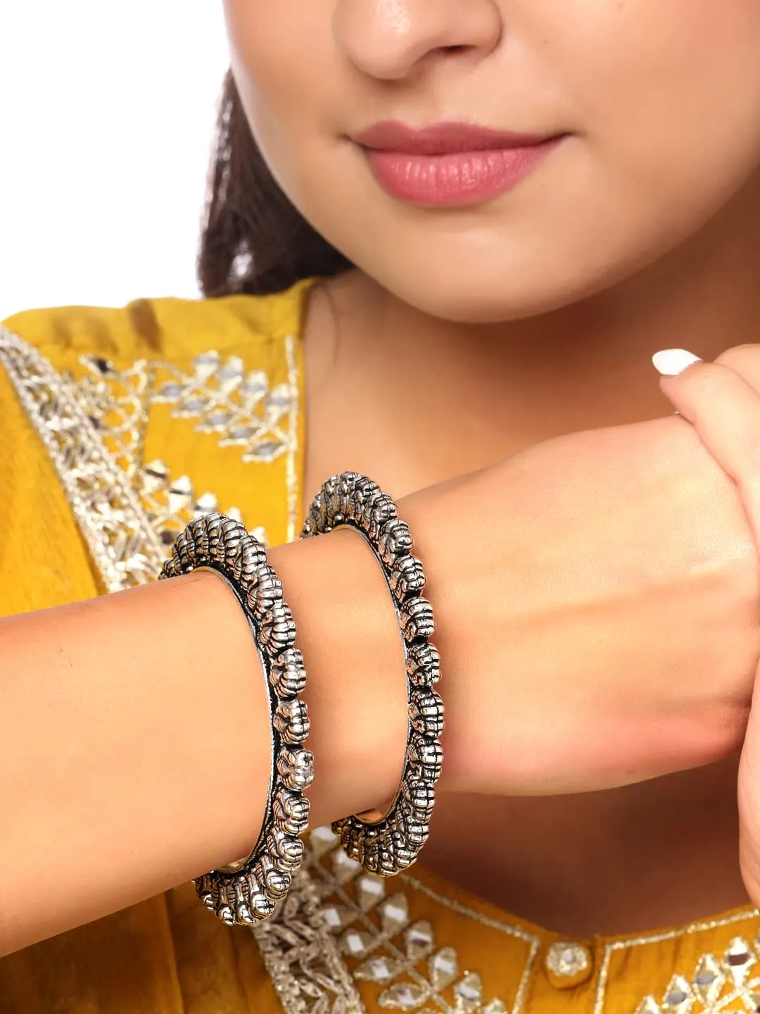 Yellow Chimes Oxidised Bangles Set for Women Authentic Kolhapuri Work Handmade Silver Oxidized Bangles Sets for Women and Girls